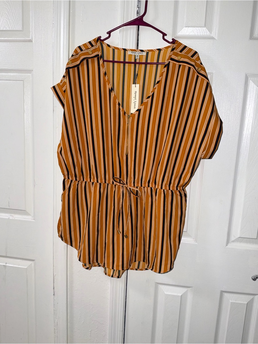 Striped V-Neck Drawstring Peplum Top - Mustard & Black